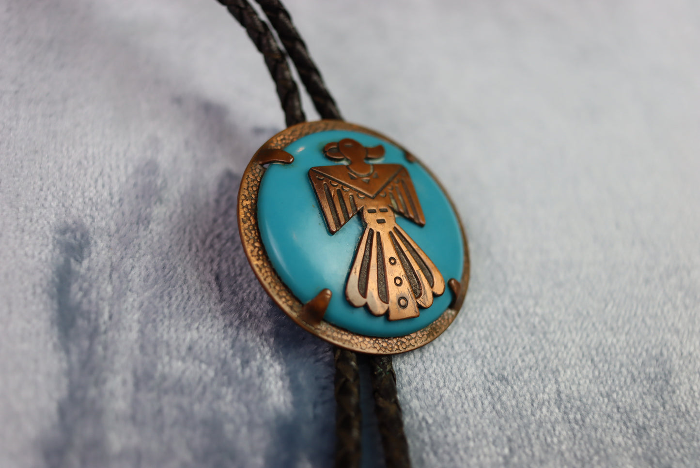 Vintage Circular Blue Tribal Bird Bolo Western Tie