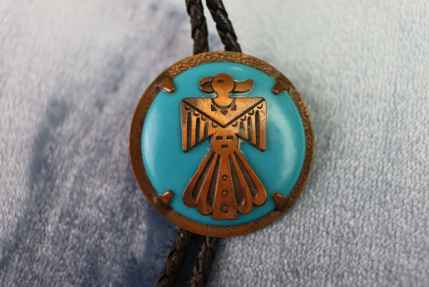 Vintage Circular Blue Tribal Bird Bolo Western Tie
