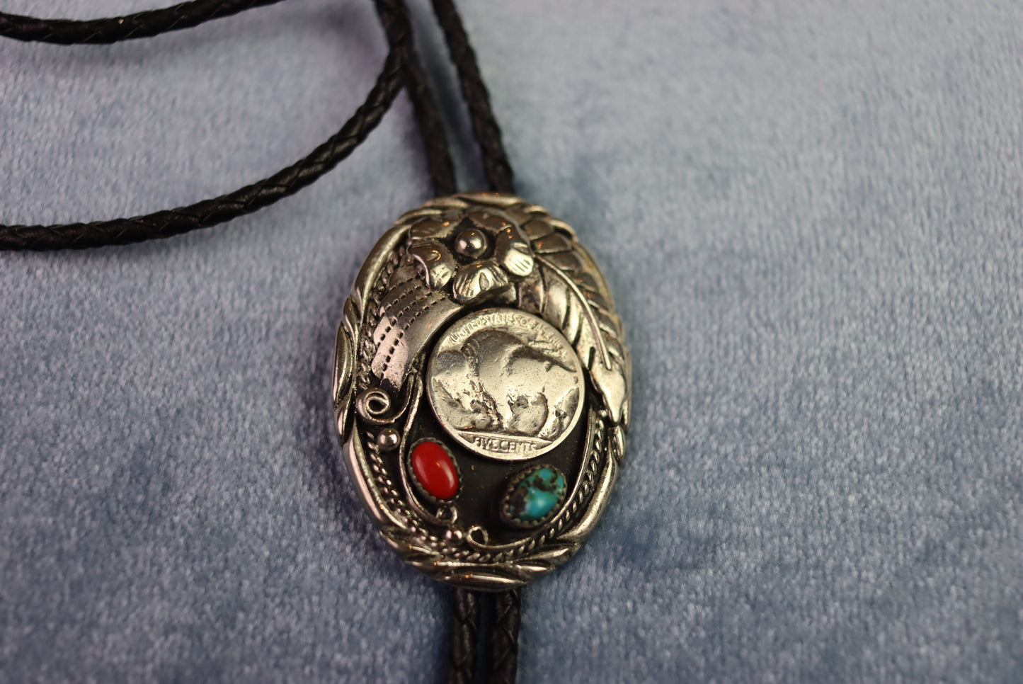 Vintage Elaborate Silver 5 cent and stones Bolo Western Tie