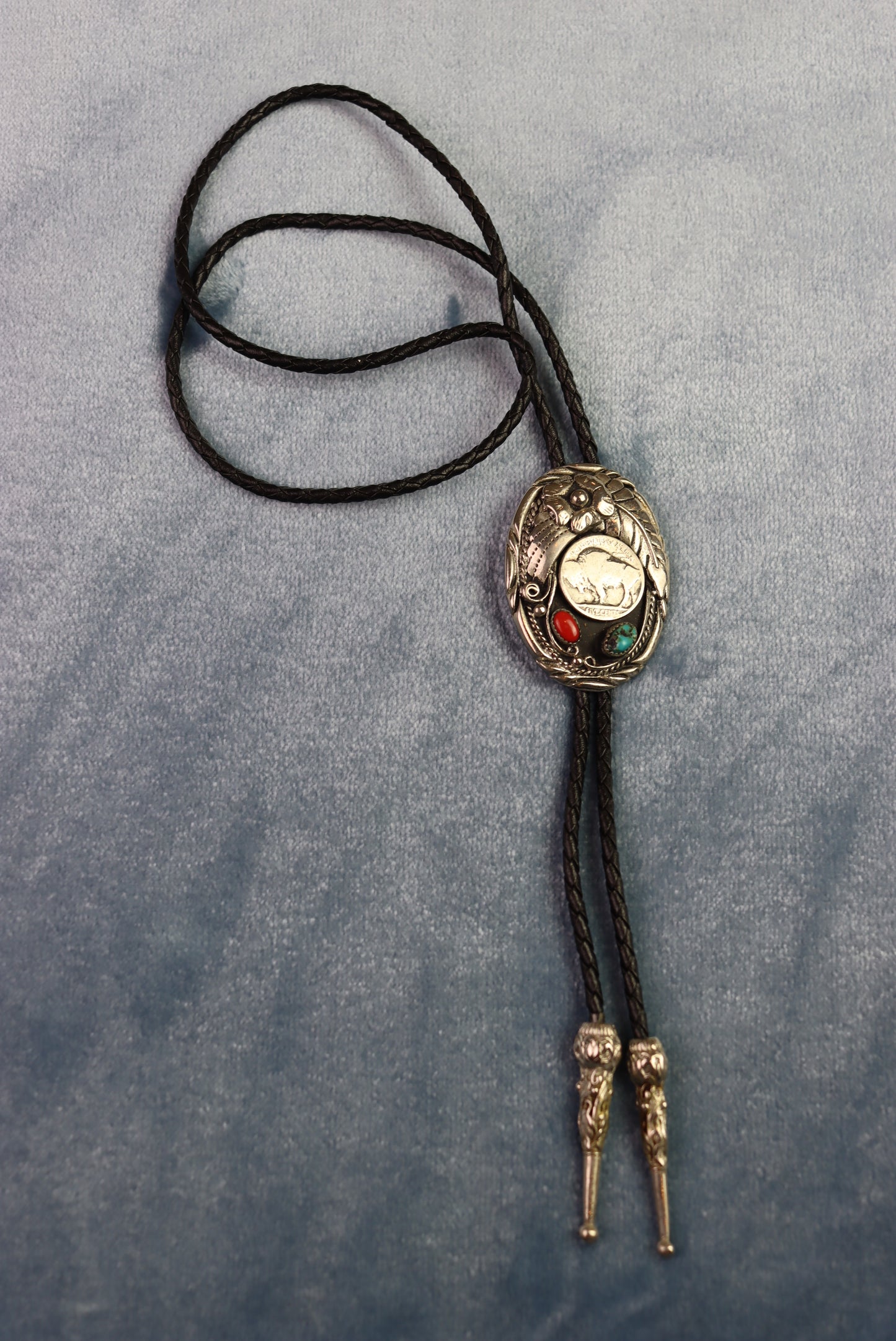 Vintage Elaborate Silver 5 cent and stones Bolo Western Tie