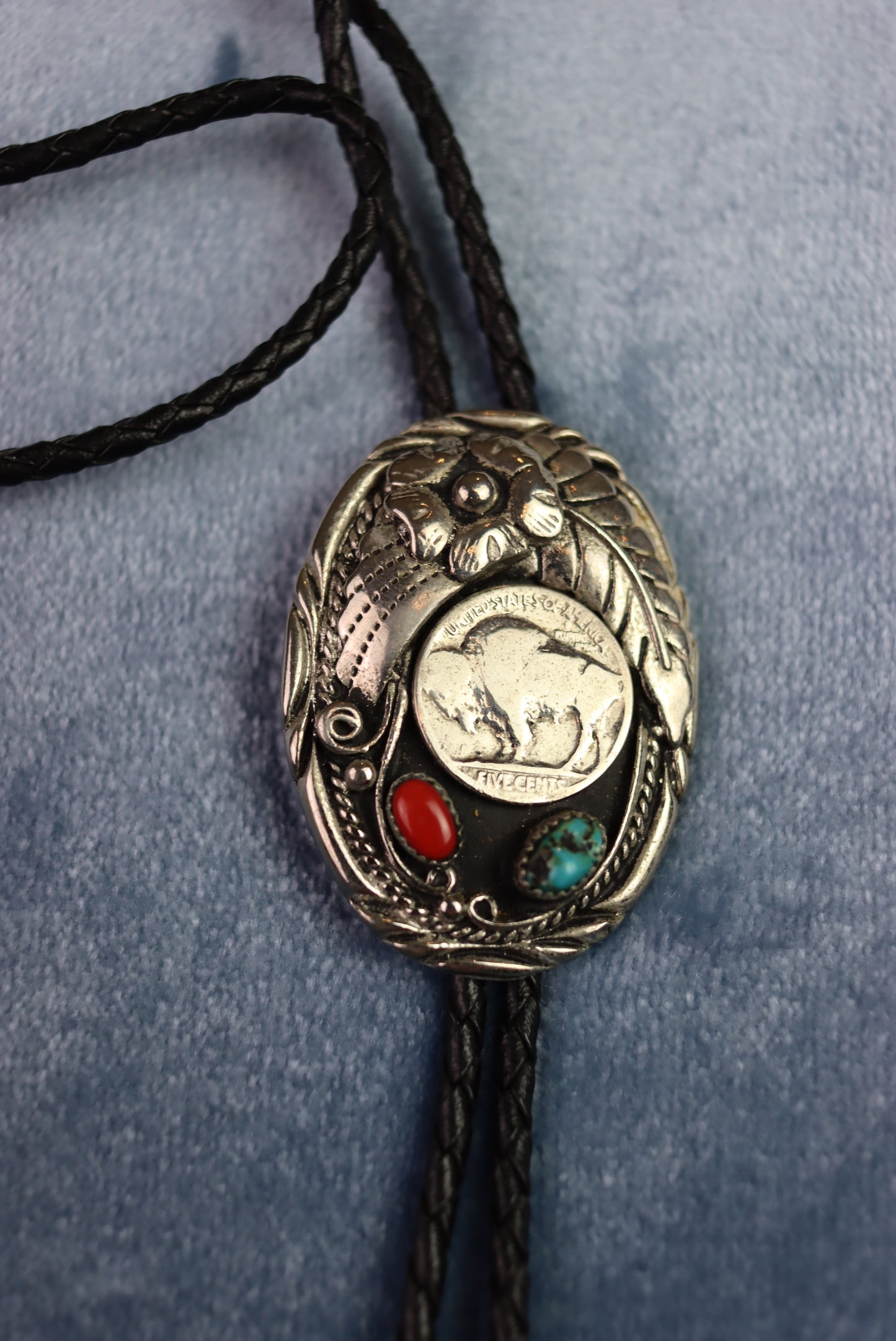 Vintage Elaborate Silver 5 cent and stones Bolo Western Tie