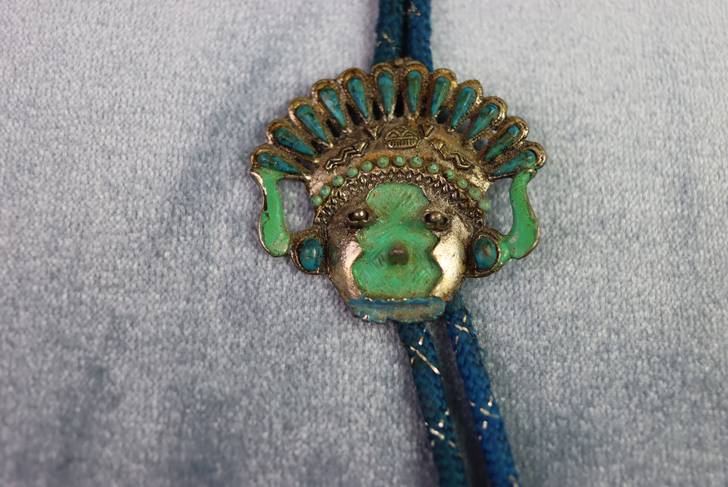 Vintage Silver Metal & Enamel Chief Head Bolo Western Tie