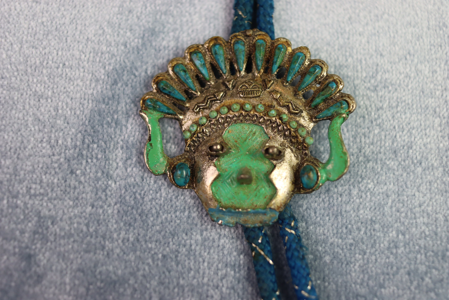 Vintage Silver Metal & Enamel Chief Head Bolo Western Tie