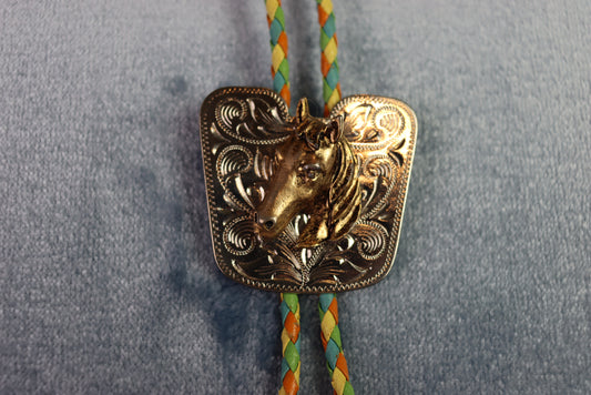Vintage Silver Metal & Gold Horse Head Bolo Western Tie