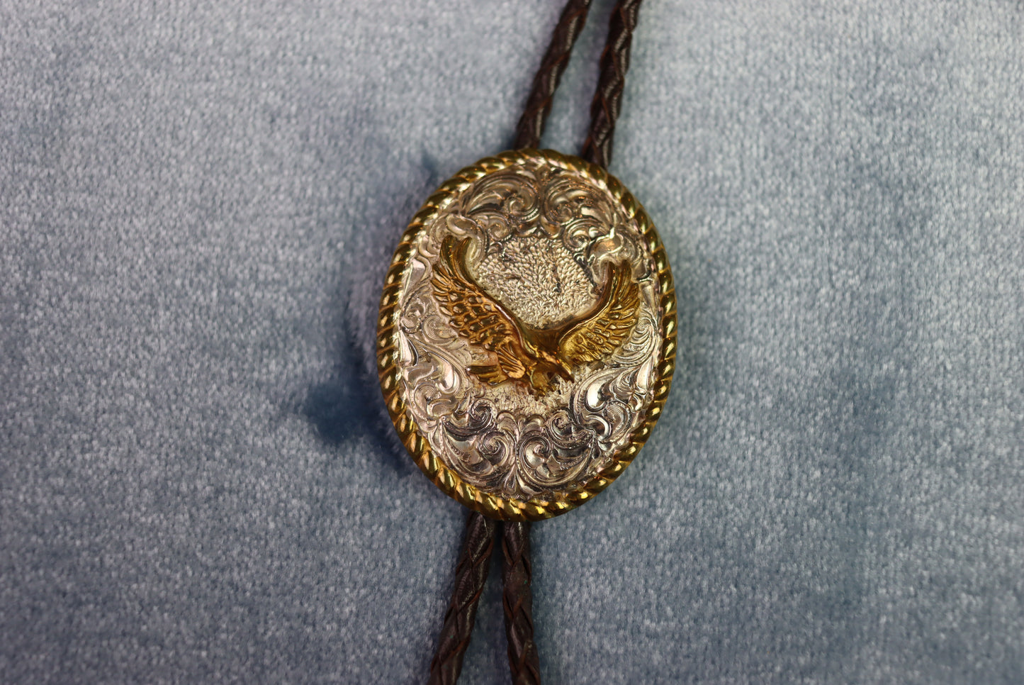 Vintage Silver & Gold Metal Eagle Oval Bolo Western Tie