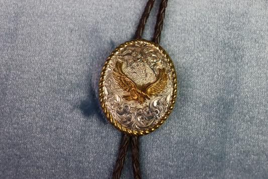 Vintage Silver & Gold Metal Eagle Oval Bolo Western Tie