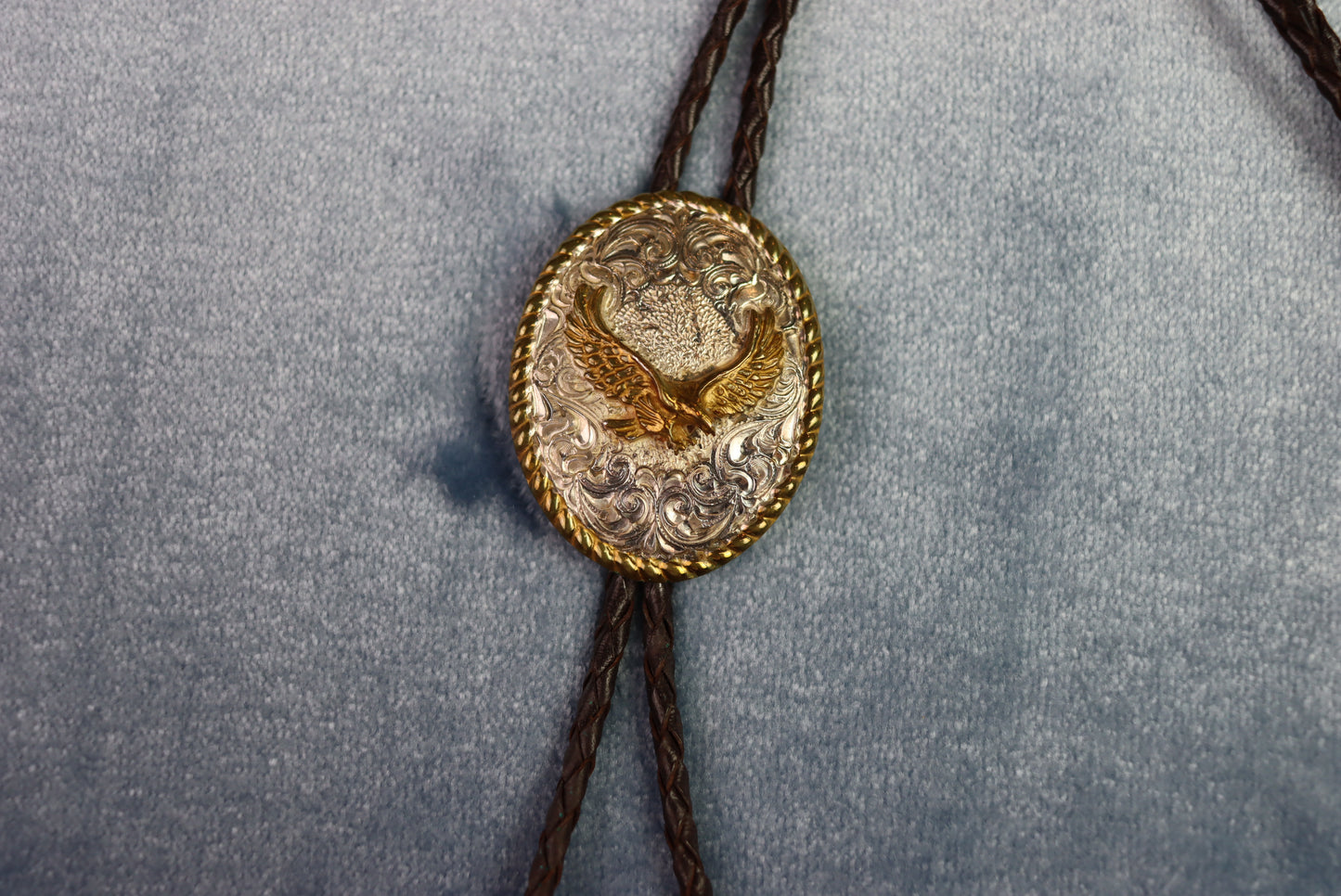 Vintage Silver & Gold Metal Eagle Oval Bolo Western Tie