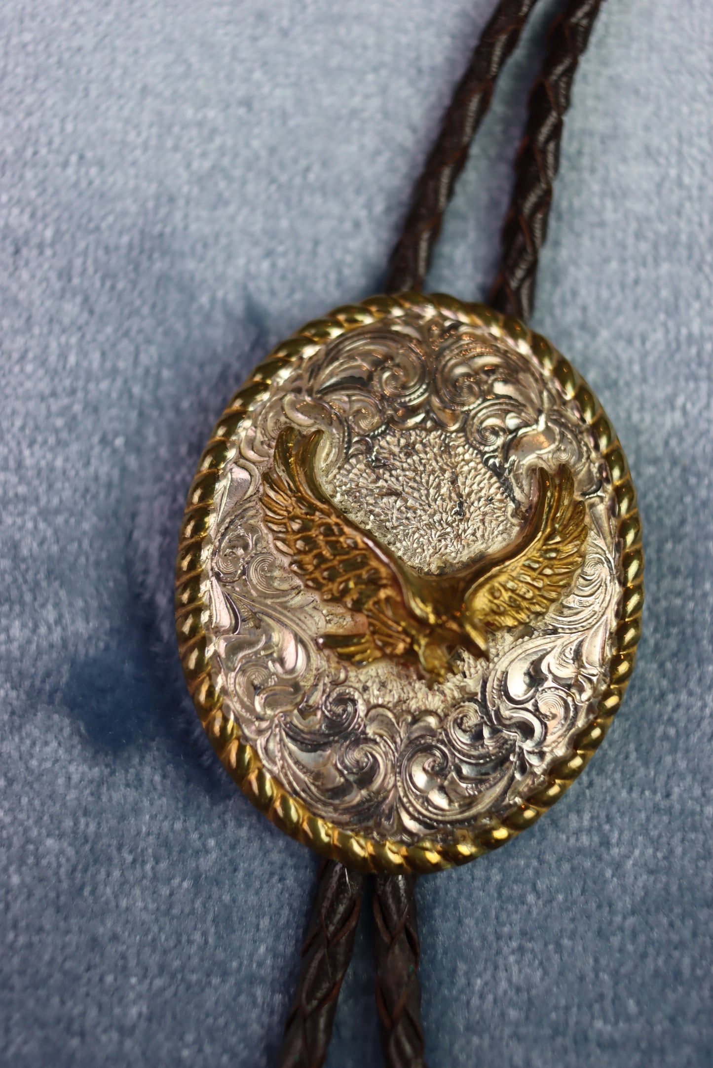 Vintage Silver & Gold Metal Eagle Oval Bolo Western Tie