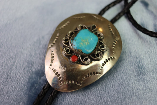 Vintage Silver Metal and Blue Stone Oval Bolo Western Tie