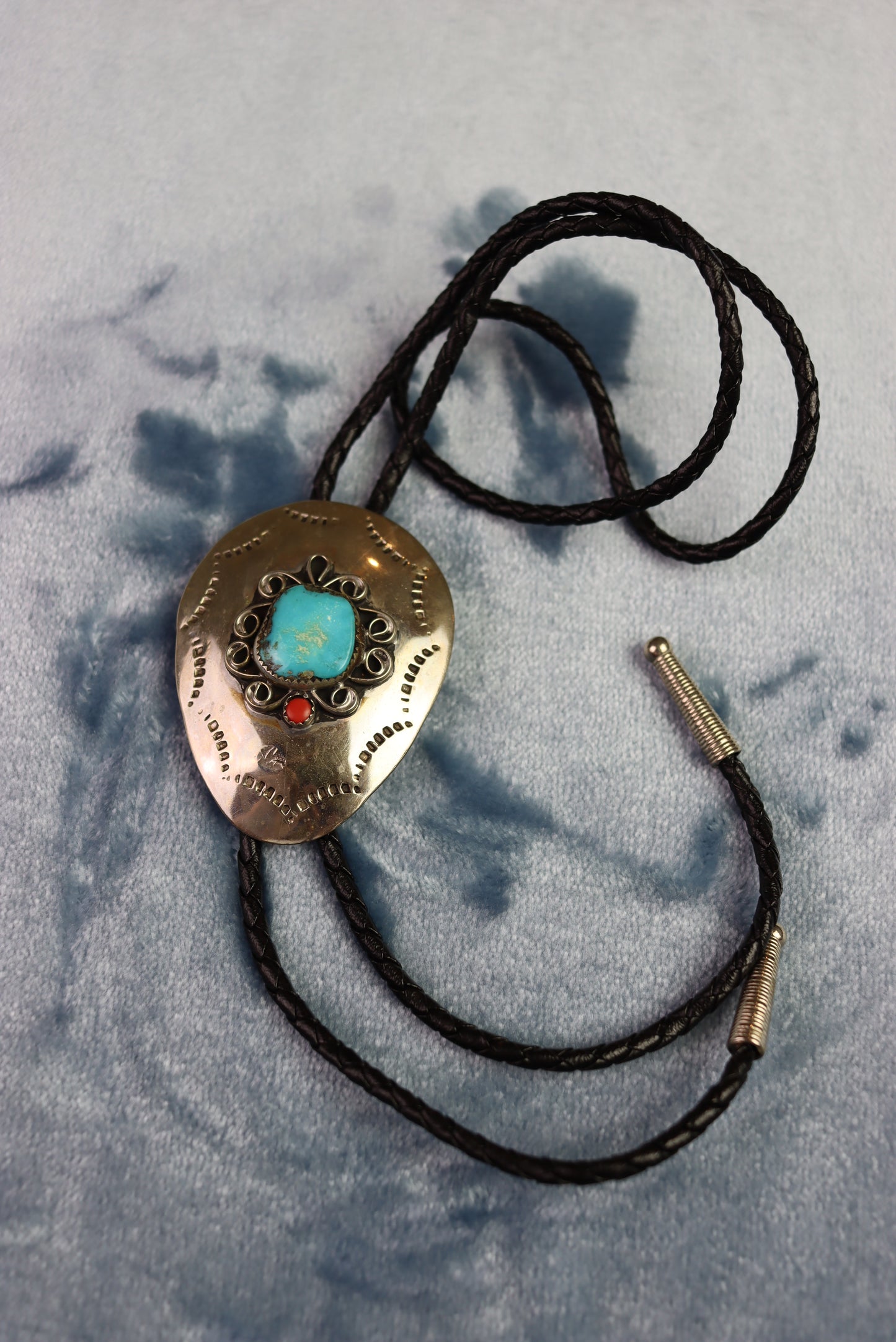 Vintage Silver Metal and Blue Stone Oval Bolo Western Tie