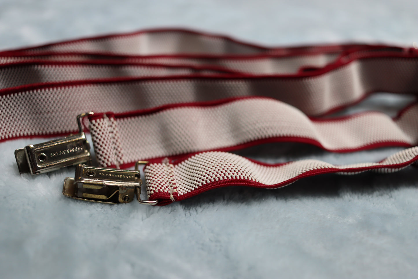 Vintage 1970s dark red white elasticated braces silver metal clips adjustable