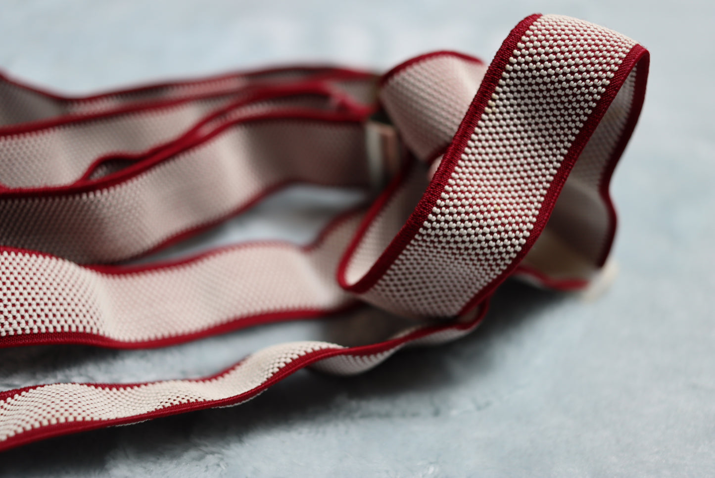 Vintage 1970s dark red white elasticated braces silver metal clips adjustable