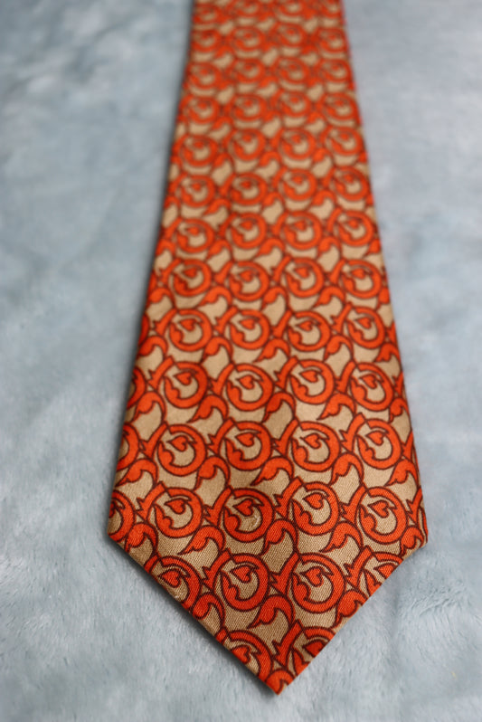 Vintage 1960s Beige Orange Cotton Blend Long Swing Tie