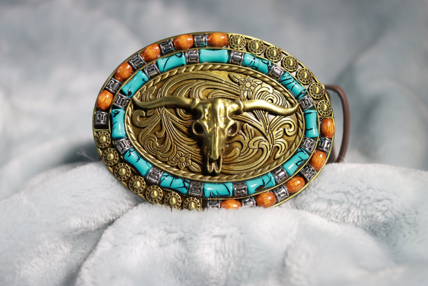 Large Brass Steer Skull and Stones Buckle Western Cowboy Belt