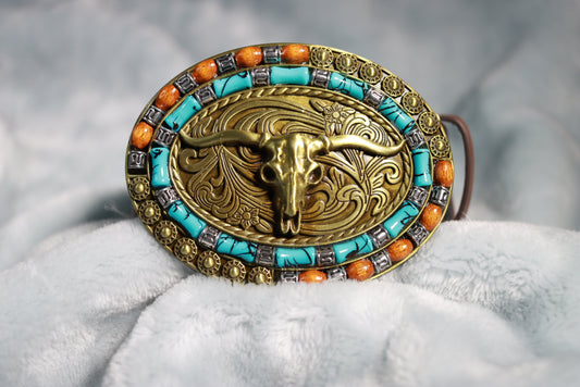 Large Brass Steer Skull and Stones Buckle Western Cowboy Belt