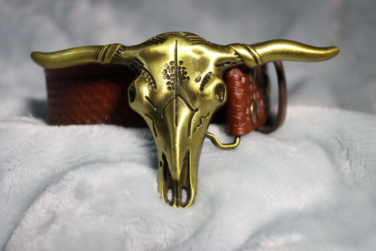 Large Gold Steer Skull Buckle Western Cowboy Belt