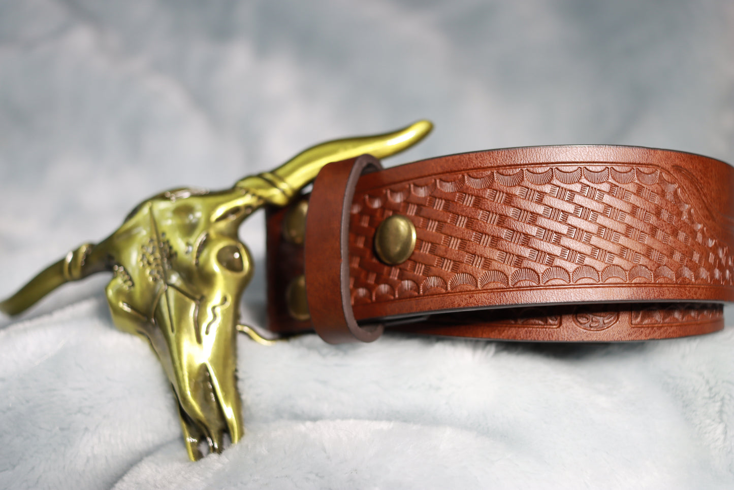 Large Gold Steer Skull Buckle Western Cowboy Belt
