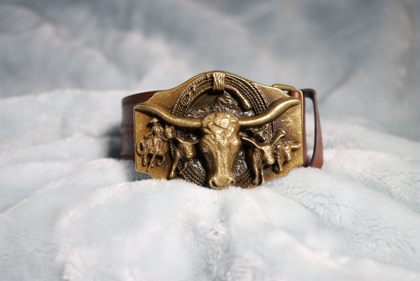 Large Brass Steers and Cowboys Buckle Western Cowboy Belt