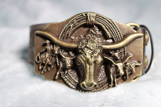 Large Brass Steers and Cowboys Buckle Metallic Finish Western Cowboy Belt