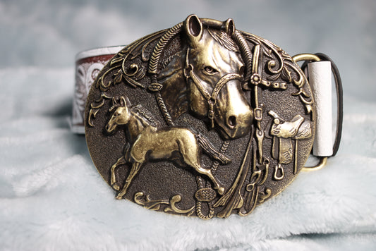 Large Brass Metal Horse Buckle Western Cowboy White and Brown Belt