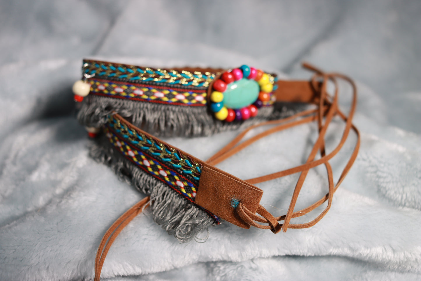 Blue Stone and Beads Multicoloured Fringed Western Cowboy Hat Band