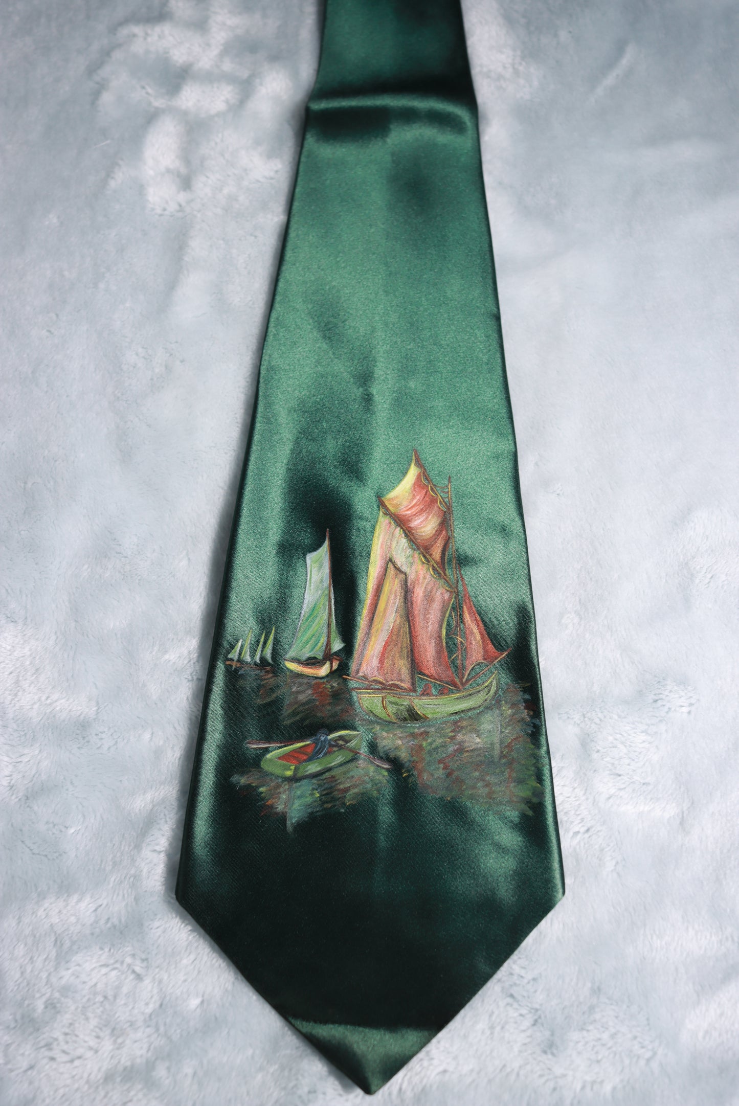 Vintage Green Satin Hand Painted Boats Swing Tie 1940s/50s