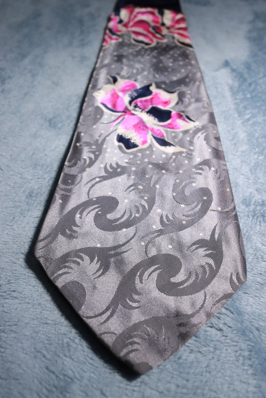 Haband Grey Jacquard Pink Flower Vintage Swing Tie 1940s/50s