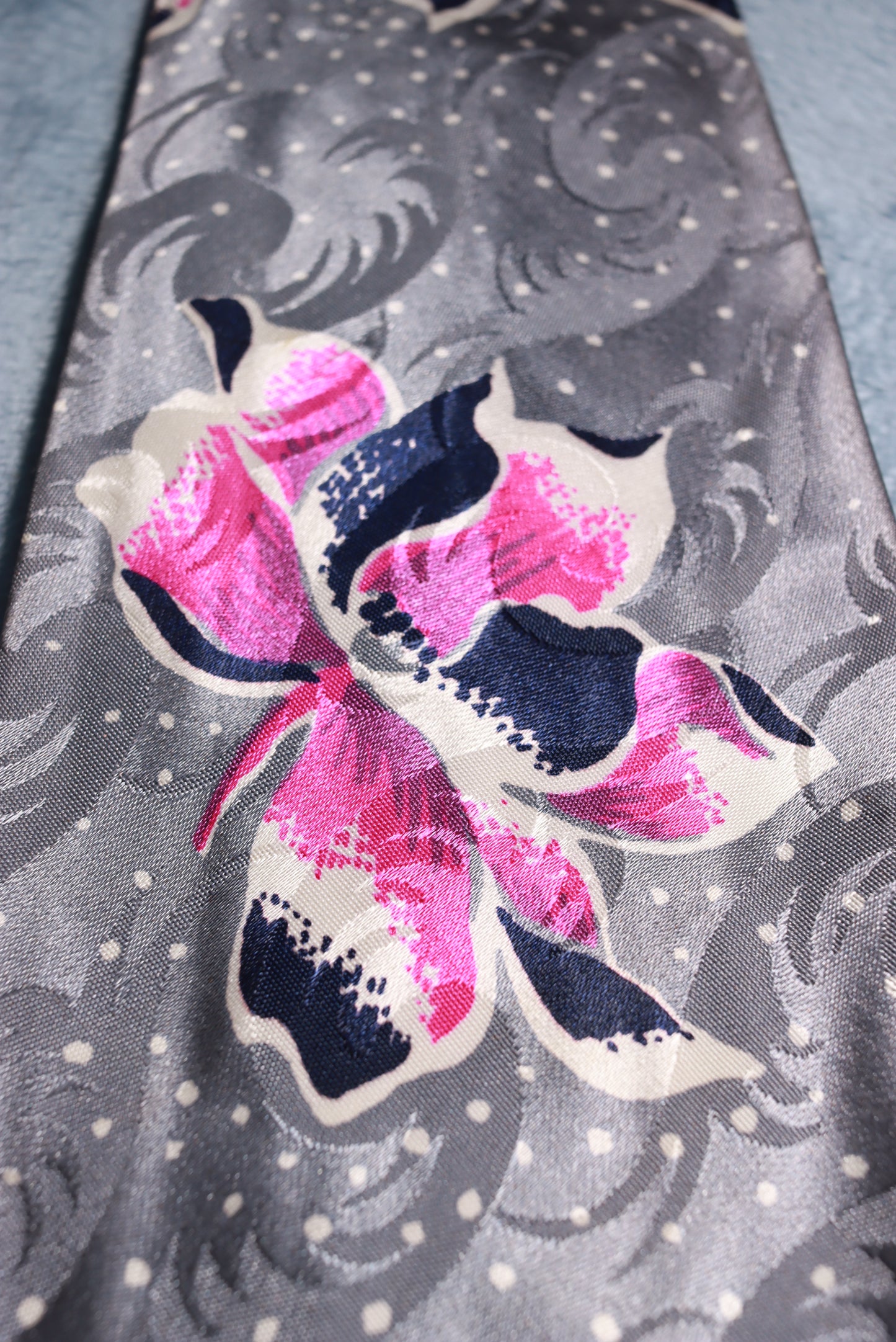 Haband Grey Jacquard Pink Flower Vintage Swing Tie 1940s/50s