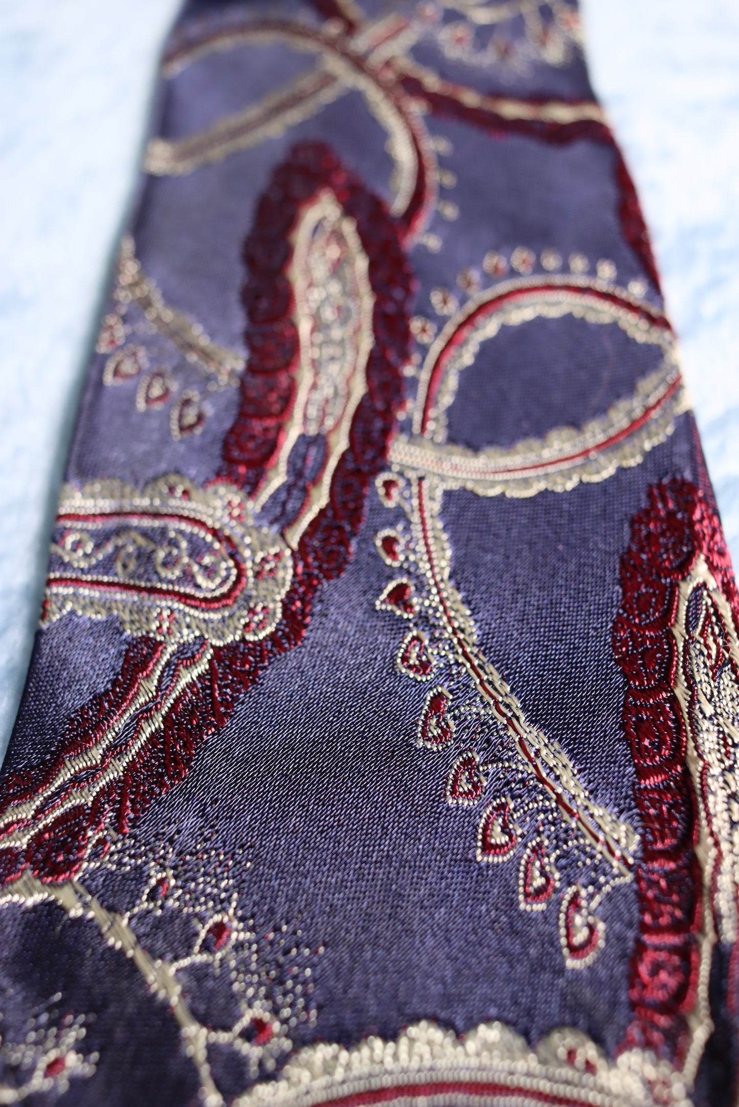 Blue Silver Burgundy Woven Paisley Vintage Swing Tie 1940s/50s