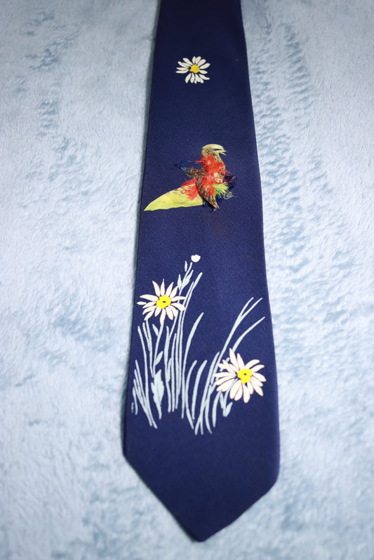 Pilgrim Blue Daisies & Feathered Bird Vintage Tie 1940s/50s