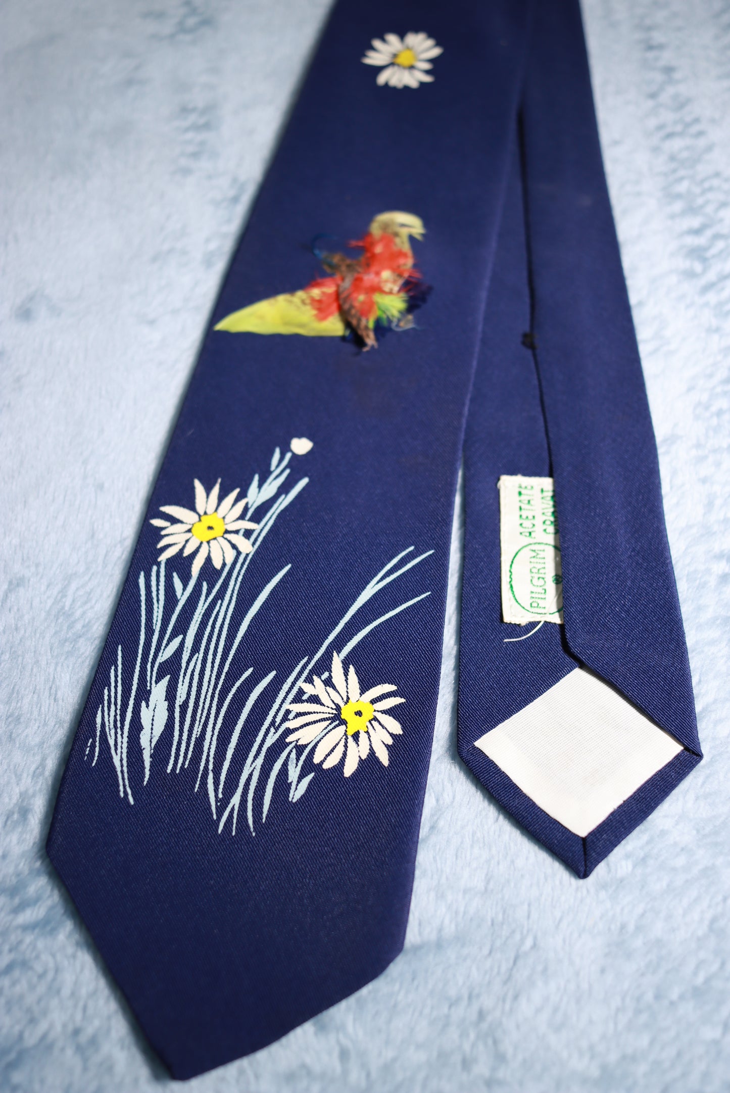 Pilgrim Blue Daisies & Feathered Bird Vintage Tie 1940s/50s