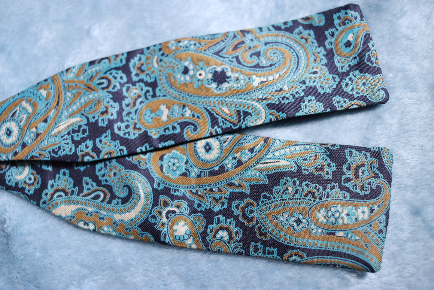 Vintage Harrods Silk Blue Paisley Paddle Bow Tie