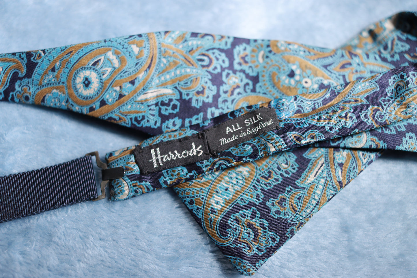 Vintage Harrods Silk Blue Paisley Paddle Bow Tie