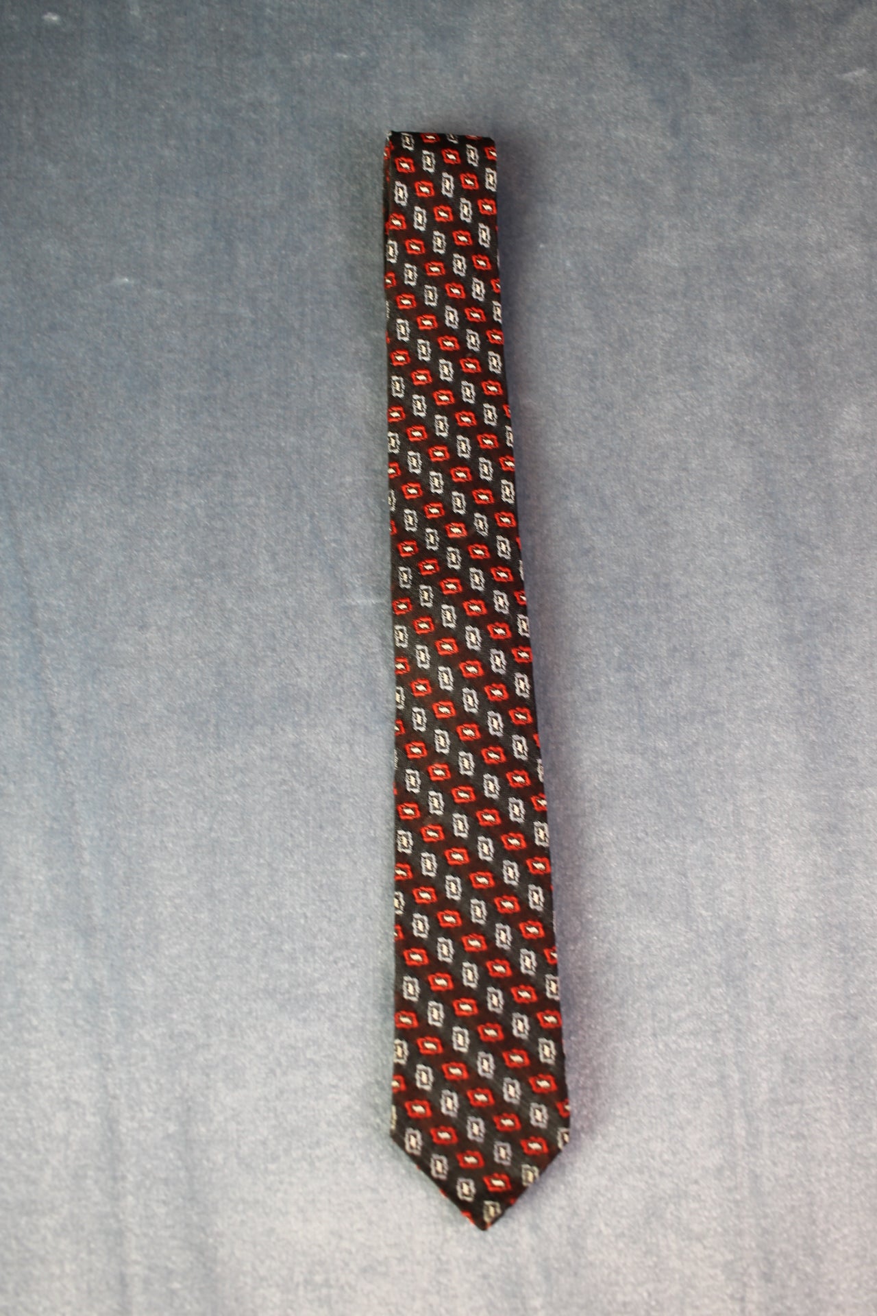 Vintage navy red grey jacquard pattern skinny tie