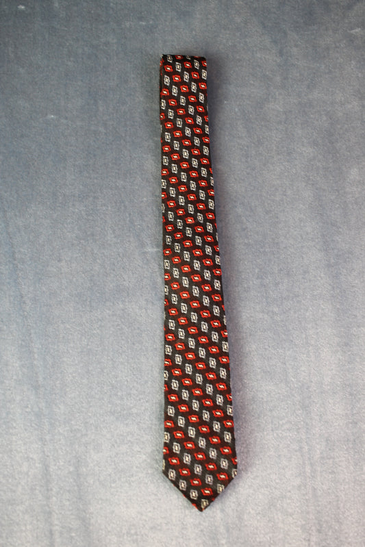 Vintage navy red grey jacquard pattern skinny tie