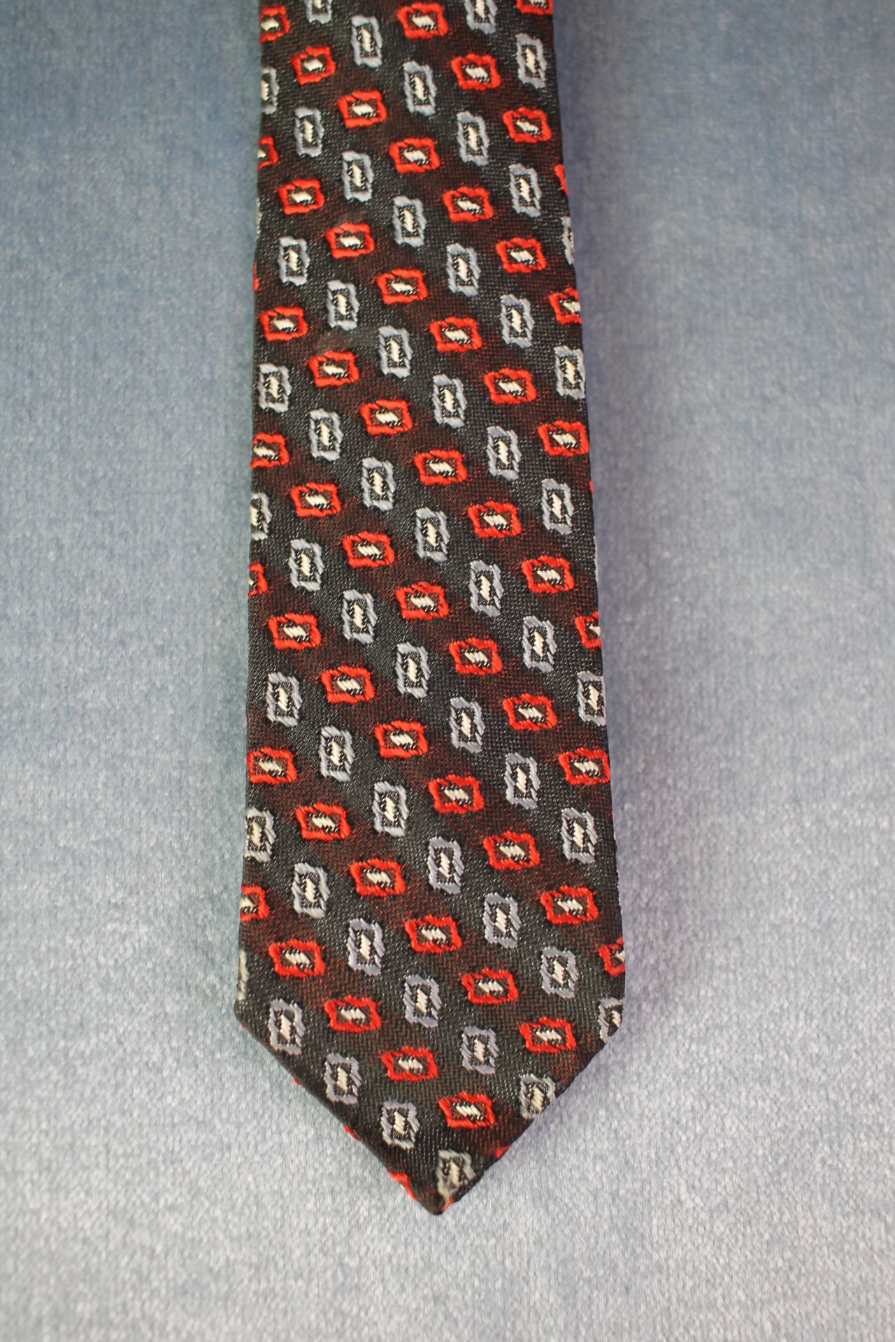 Vintage navy red grey jacquard pattern skinny tie
