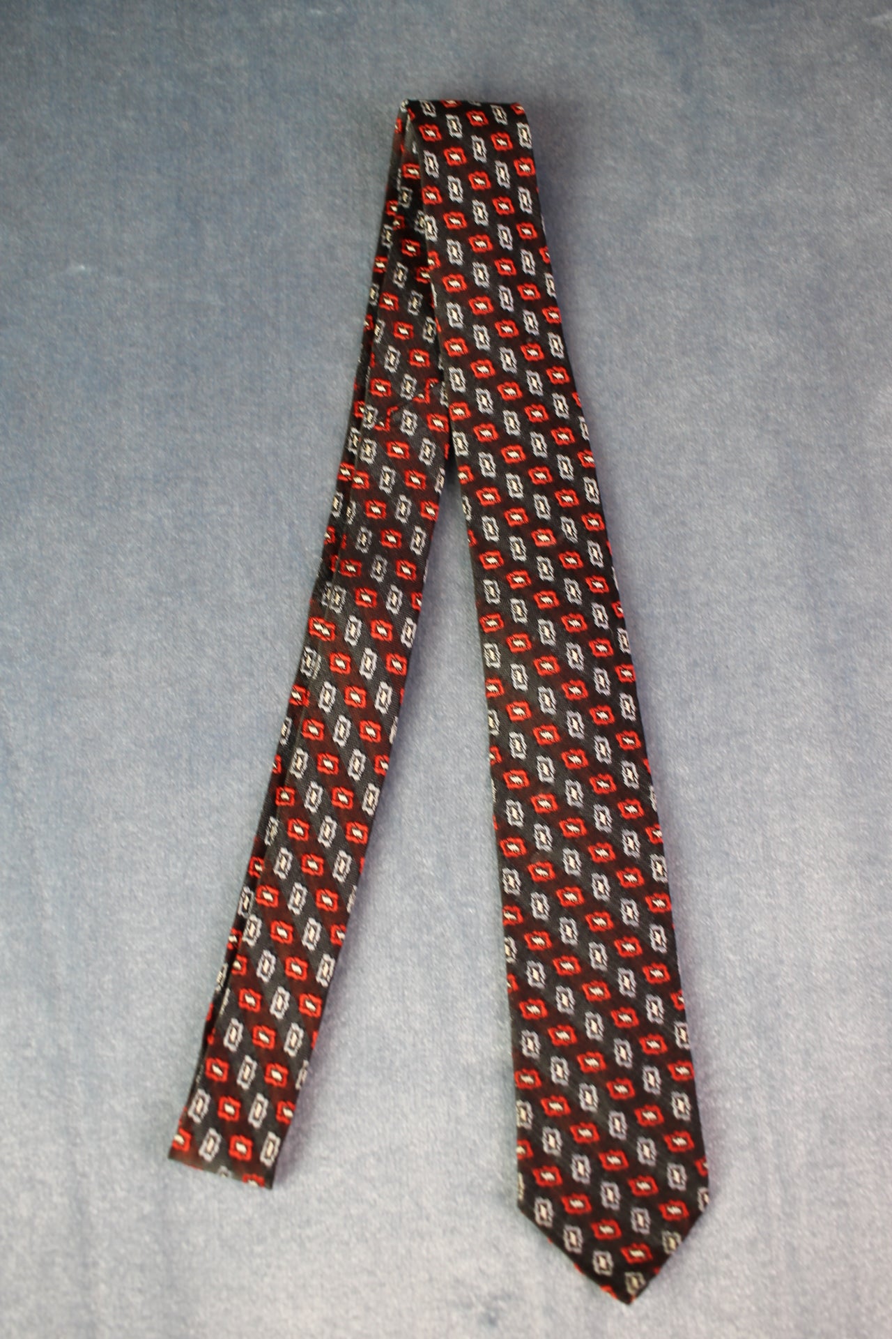 Vintage navy red grey jacquard pattern skinny tie