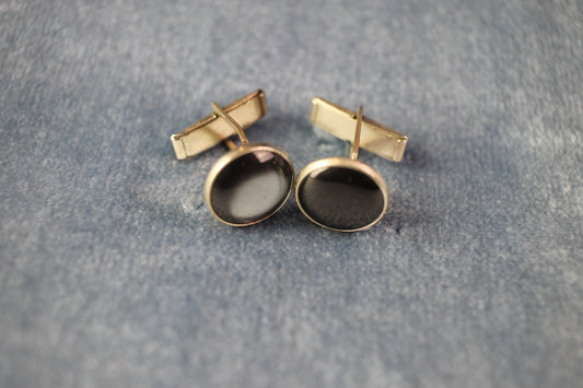 Vintage silver metal black moonstone circle cufflinks