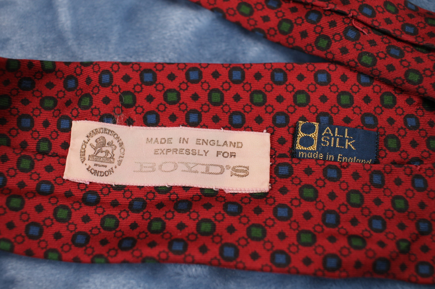 Vintage Boyds 1940s/50s all silk dark red blue green dot pattern tie