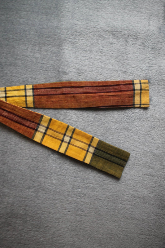 Vintage Rooster self tie paddle end brown yellow green check pattern bow tie adjustable