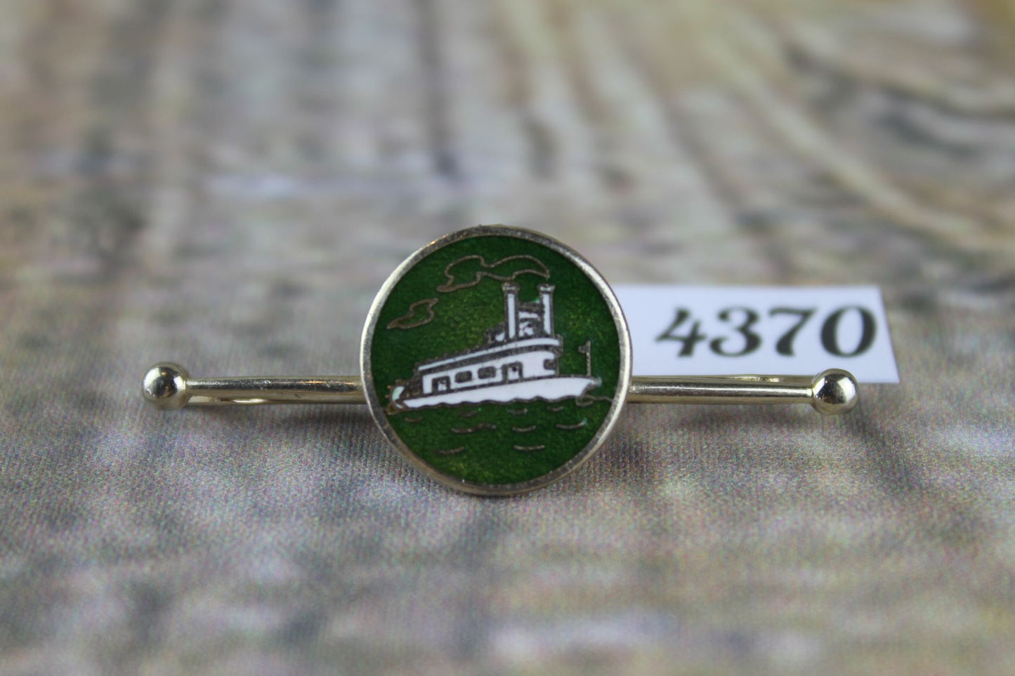 Vintage rare green enamel gold metal paddle steamer boat collar clip bar