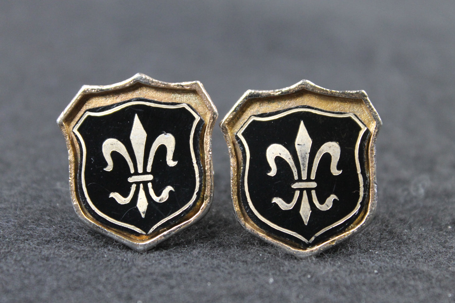 Vintage Fleur de Lys Shield Cufflinks Gold Metal and Enamel