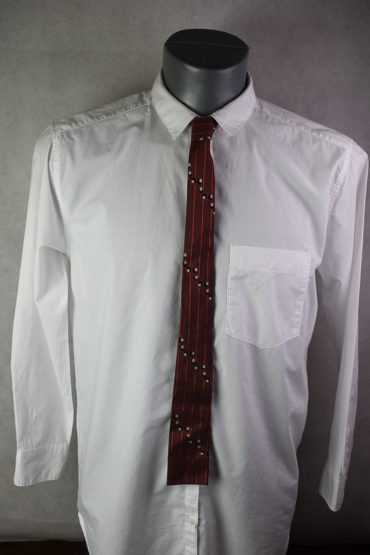 Vintage pink black striped pattern with square motifs square end skinny tie