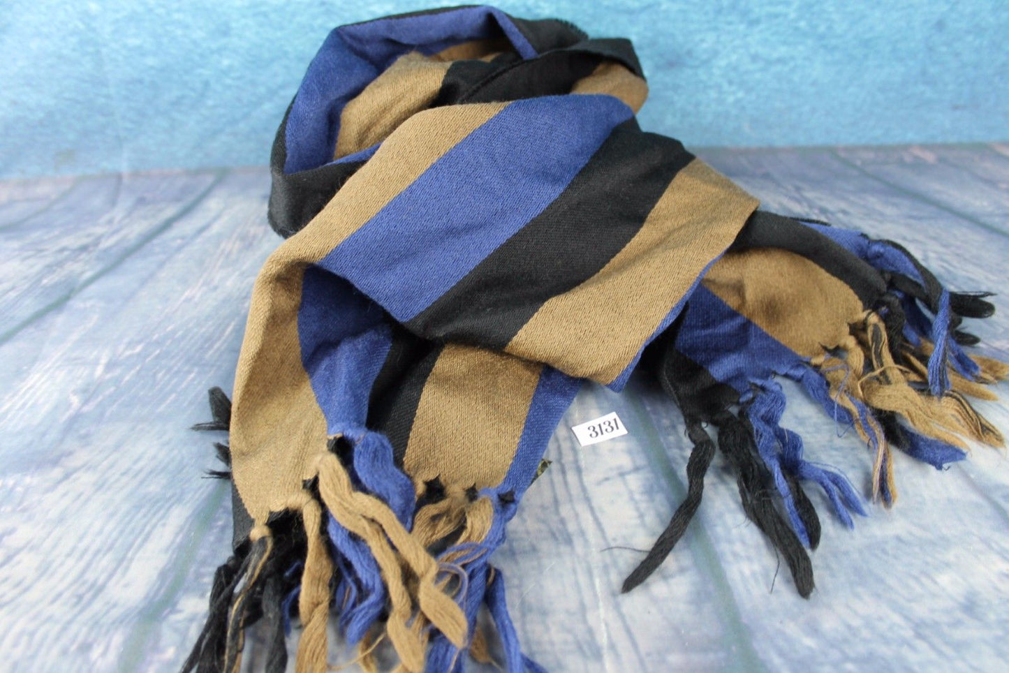 Vintage German Pure Wool Black Camel Blue Striped Scarf