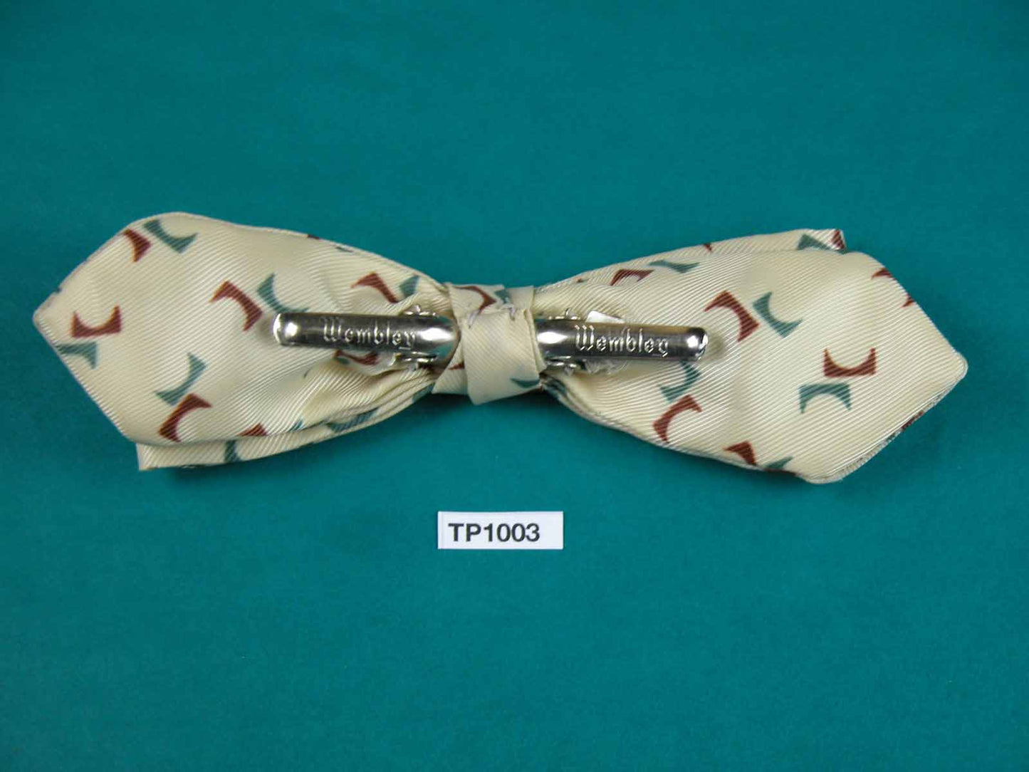 Vintage cream claret green repeat pattern arrow end clip on bow tie