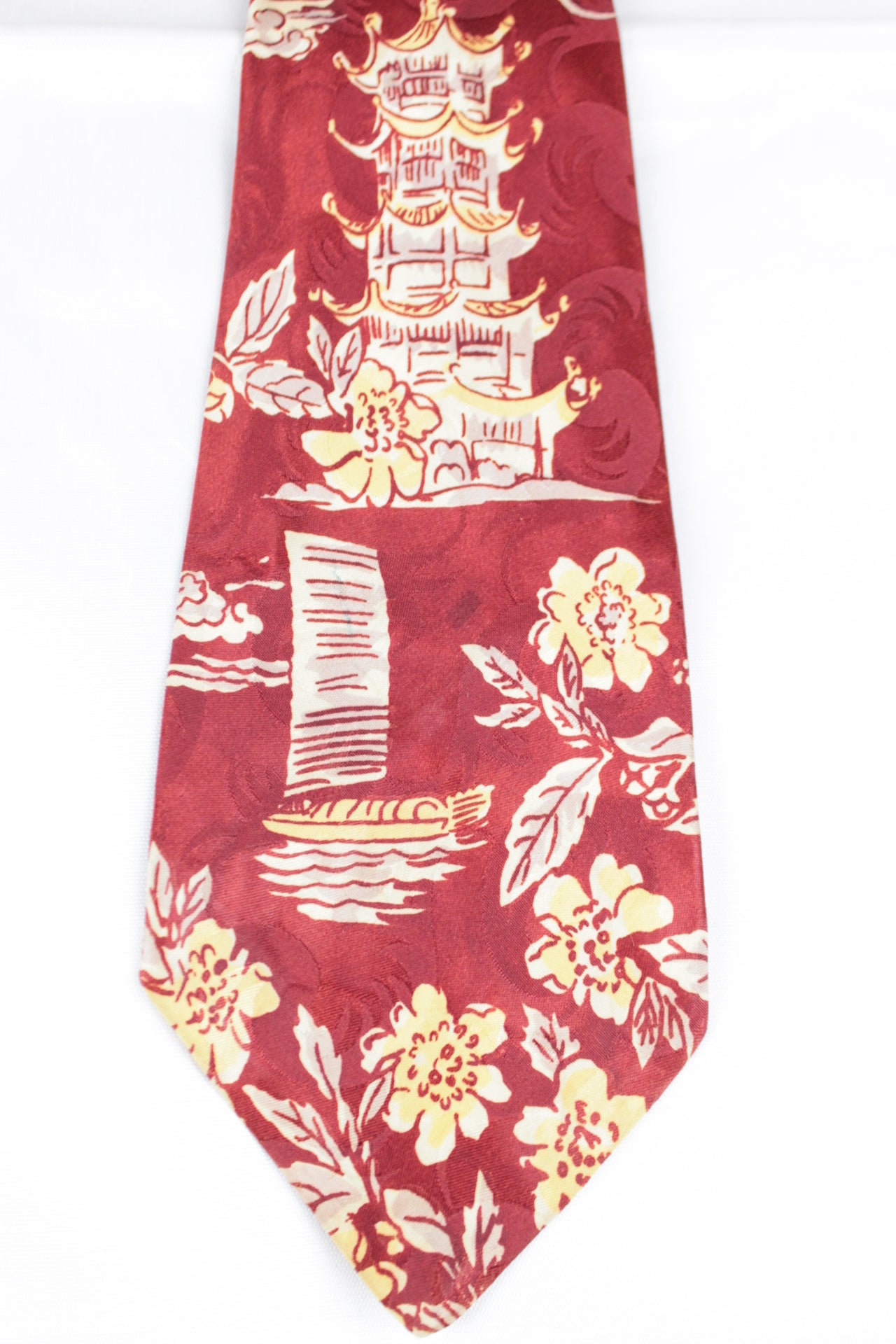 Vintage 1960s Haband Oriental Pagoda Crimson Ruby Red Swing Tie
