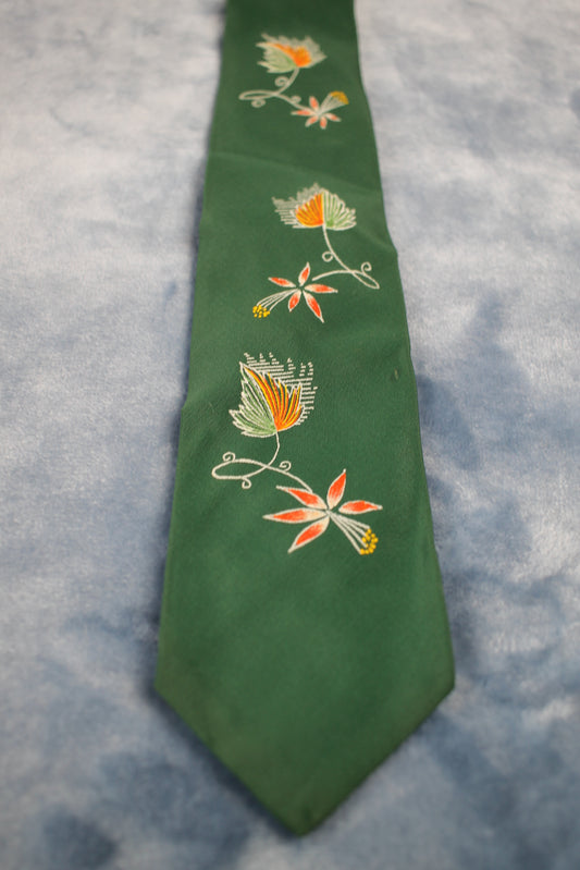 Vintage L L Kalberg 1940s/50s dark green orange pink floral tie
