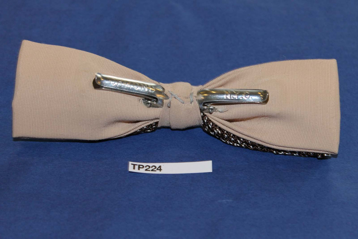 Vintage brown cream over taupe double bow square end clip on bow tie