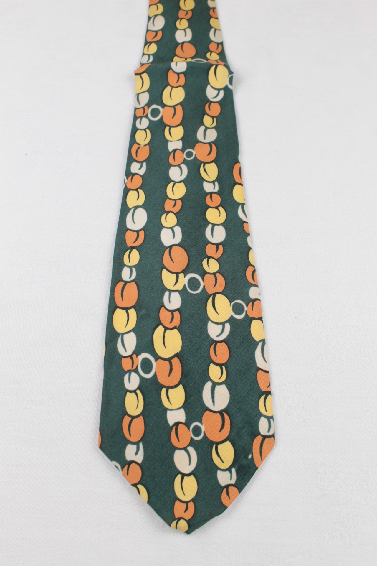 Vintage Law Inc Pure Silk Green Yellow Cream Orange Bead Pattern Swing Tie 1940s/50s