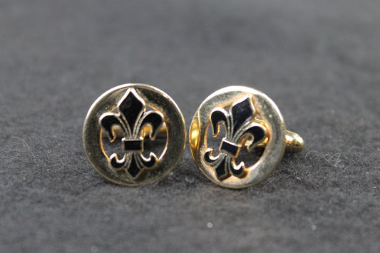 Vintage Fleur de Lys Cufflinks Gold Metal and Enamel
